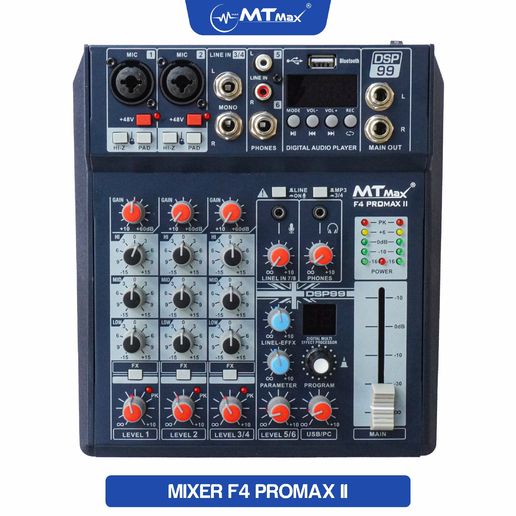 Bàn trộn Mixer MTMax F4 ProMax II - 99 chế độ vang số DSP - 4 kênh, 2 màn hình led hiển thị - Có Bluetooth, nguồn 48V - Chuyển đổi thành sound card thu âm chuyên nghiệp - Dùng được với loa kéo, amply, dàn karaoke