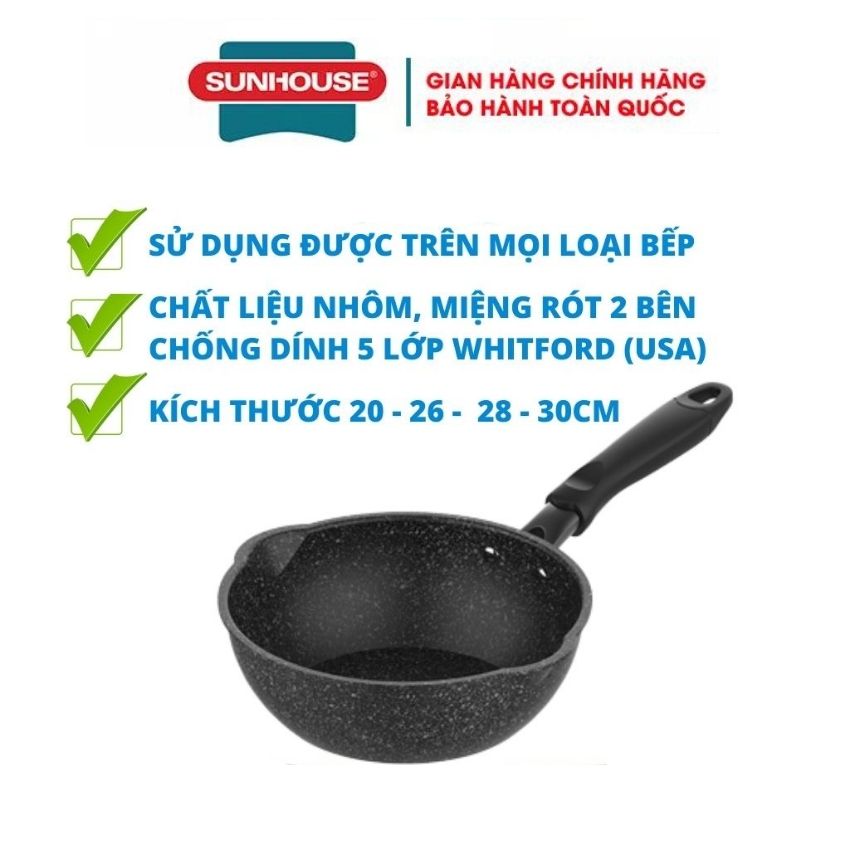 Chảo chống dính miệng rót bếp từ 5 Lớp SUNHOUSE 20 26 28 30 CM siêu bền cao cấp hợp kim nhôm tay cầm chịu nhiệt chống trầy xước