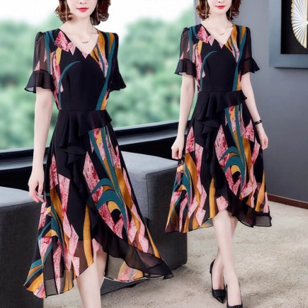 Đầm xoè tà xéo phối hoạ tiết nhiều màu - glady g48 - đầm xoè dáng dài phối màu duyên dáng, phù hợp mọi hoàn cảnh