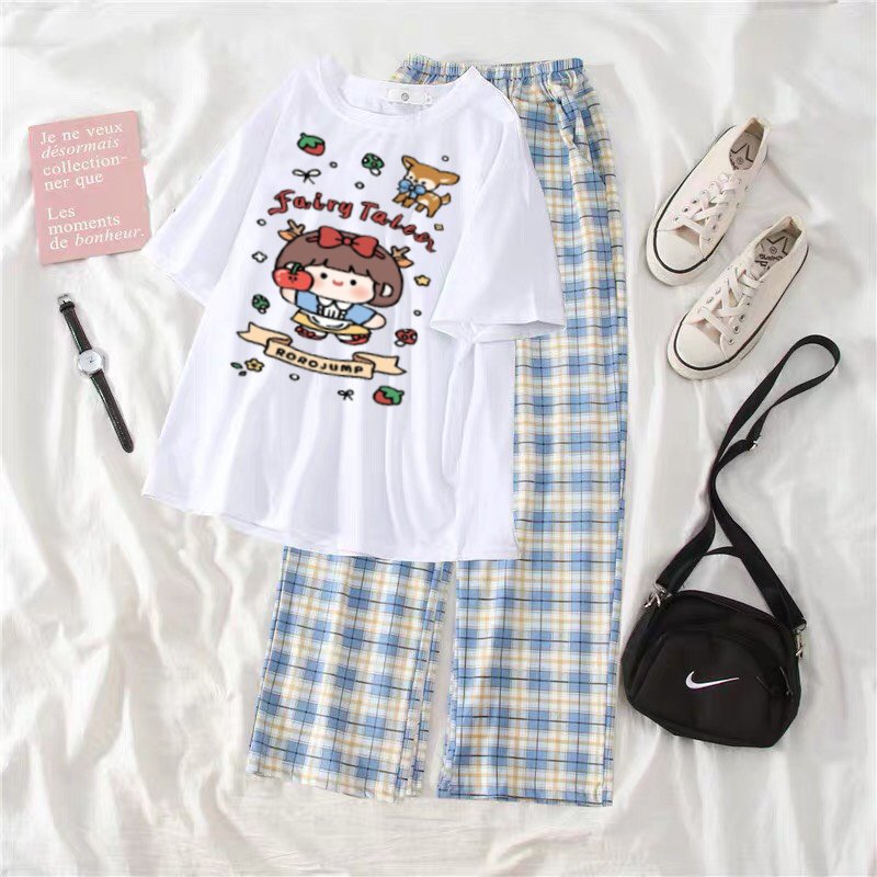 Sét áo phông Roro Jump + quần kẻ karo, Áo Thun From rộng mặc cho nam và nữ, chất đẹp, rộng rãi thoải mái, Quần suông ống rộng, Quần kẻ, Sét bộ mặc ở nhà - THE THY