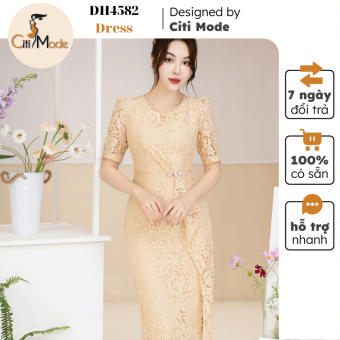 Đầm công sở CITI MODE FASHION thiết kế dáng ôm ren vàng nhún vạt hông đính cúc DH4582
