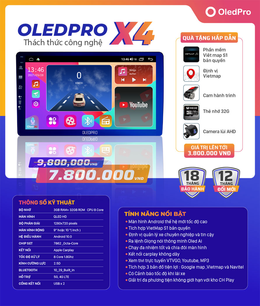 Màn hình Android X4 (Tặng kèm camera trước, lùi, bản đồ Vietmap S1 bản quyền + Voucher)