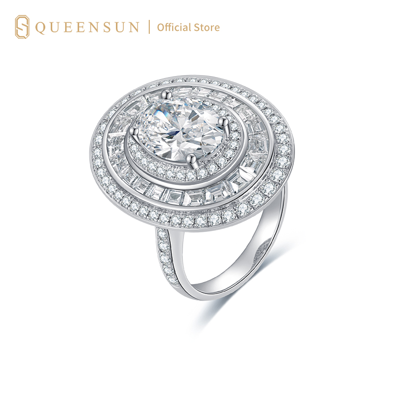 Queensun Platinum 3 Carats Lab Diamond Oval Multi-Halo 2-in-1 Convertible Ring Necklace | Lab Diamond Oval Halo Ring Necklace | Minimalist Luxury Multi-Halo Ring | Daily Wear Convertible Necklace | 18K 金培育钻石双戴款椭圆多层围镶满钻戒指项链