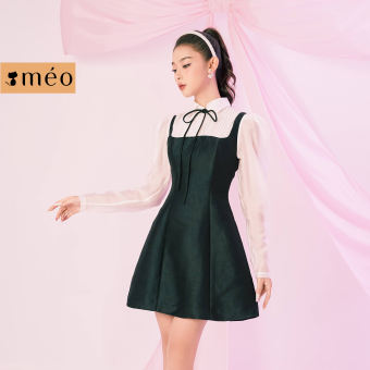 Đầm liền nữ thiết kế Méo shop kiểu Hàn dài tay phối nơ dáng xòe Etchan