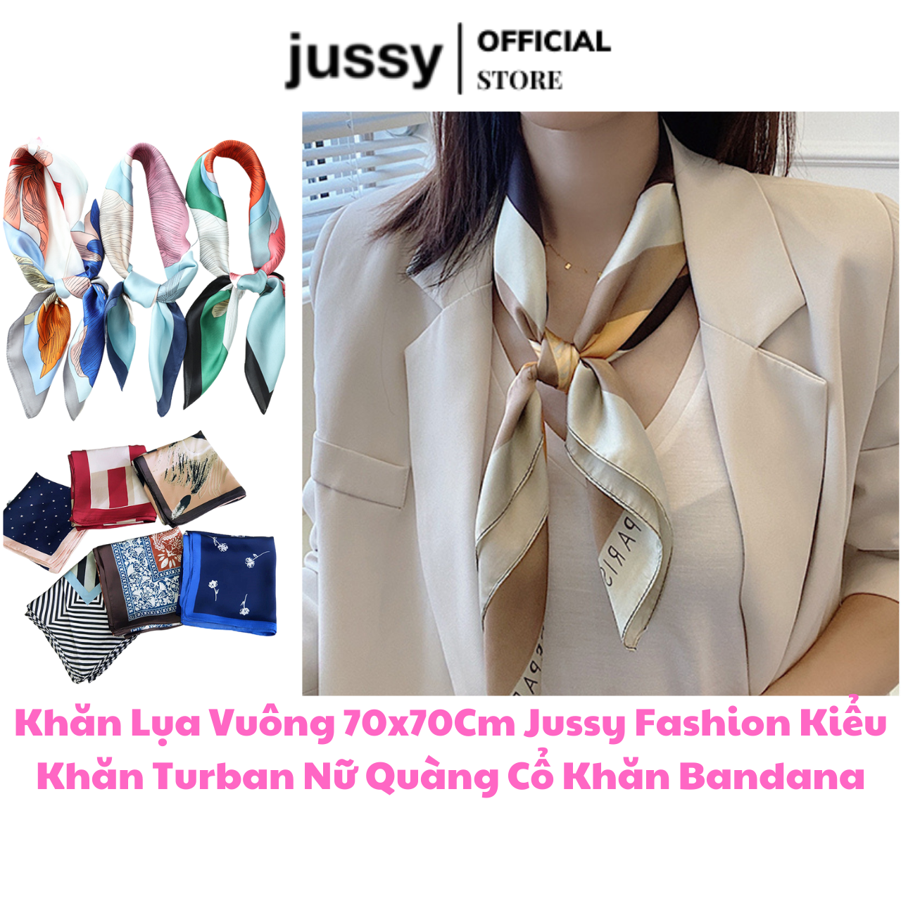Khăn lụa vuông 70x70cm jussy kiểu khăn turban nữ quàng cổ khăn bandana trùm đầu quấn tóc làm áo yếm lụa cao cấp