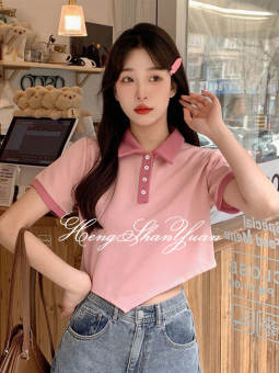 HengShanYuan Women's T-shirt Korean style T-shirt short-sleeved contrast color polo collar T-shirt irregular hem short-sleeved T-shirt