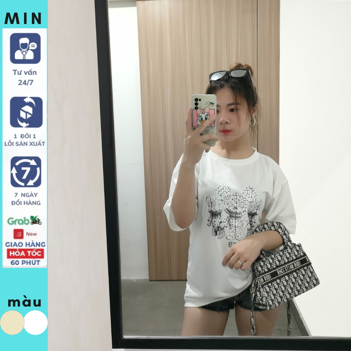 Áo thun unisex Cotton Ngắn Tay in hình gấu fom rộng_Mins.Office