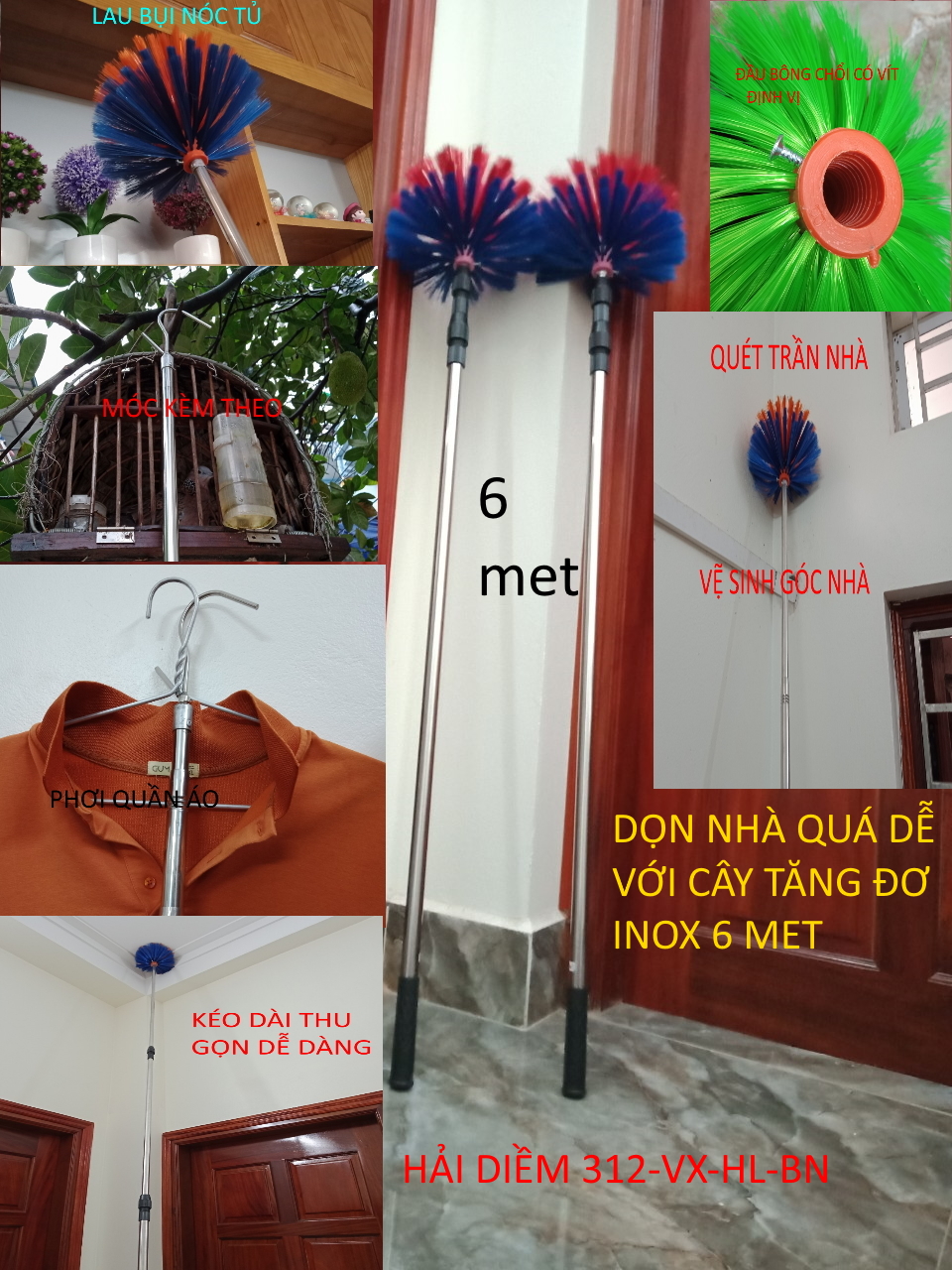 Chổi quét mạng nhện cây tăng đơ inox vệ sinh trần nhà đồ lau bụi trên cao