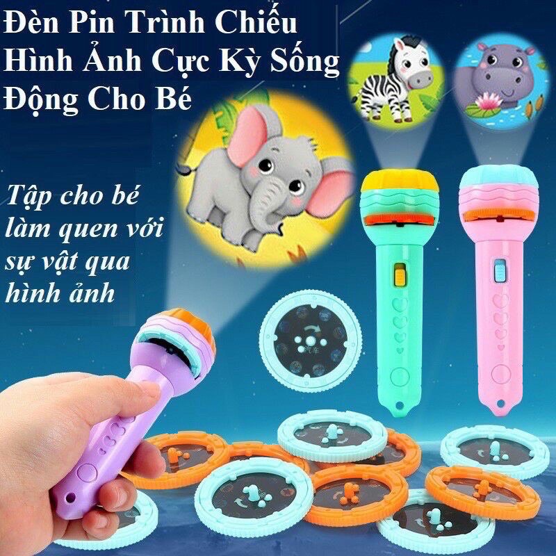 Đèn pin chiếu hình cho bé 80 hình con vật hoạt hình khủng long phương tiện siêu nhân BIMINA