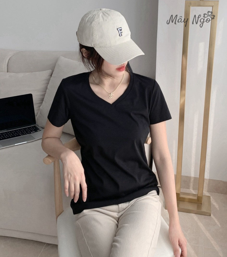 Áo thun thái trơn cổ tim thun nhập xịn co giãn