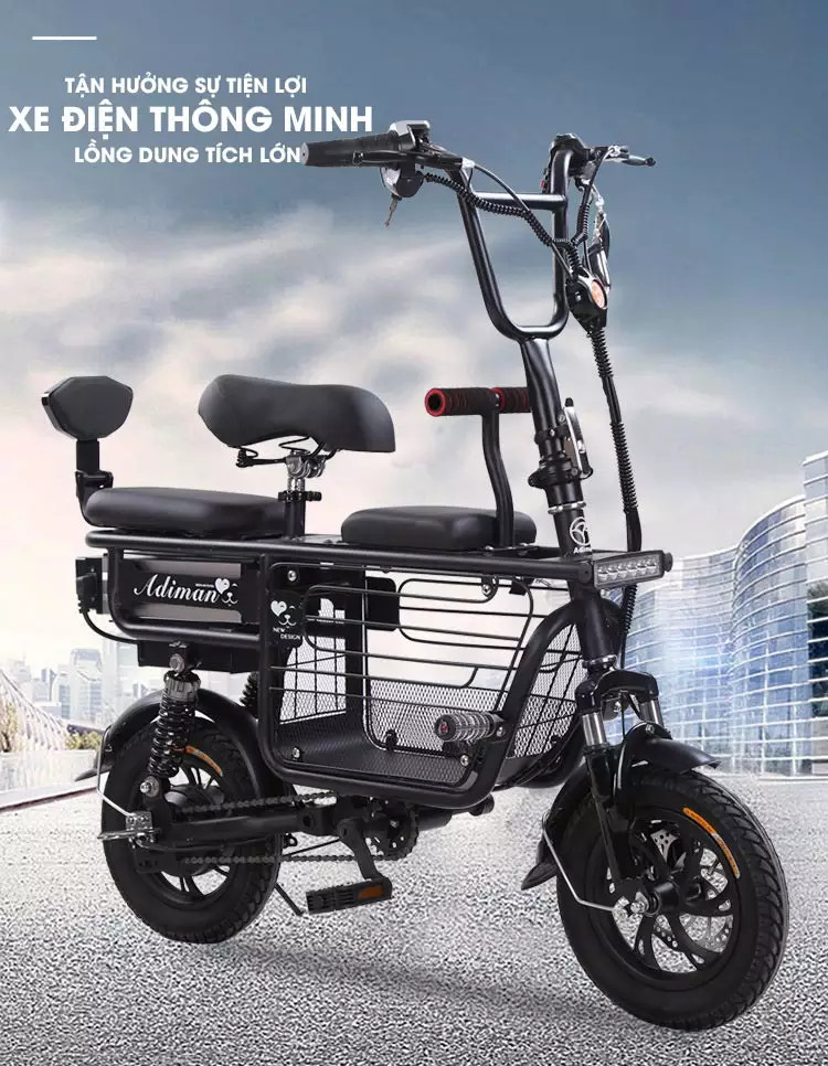 [HCM]Xe đạp điện mini gấp gọn ADIMAN /Pin Khủng Lithium 48V-20A-100Km / xe đạp điện giỏ lớn  3 Ghế Ngồi