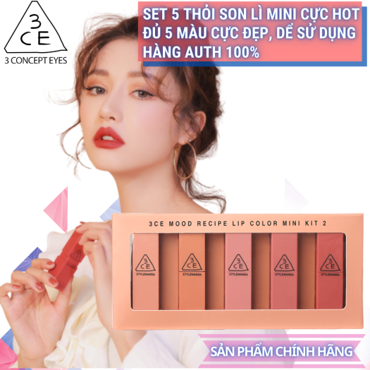 Set 5 Son môi 3Ce - Mood Recipe Lip Color Mini Kit 2 . Bộ sưu tập 5 thỏi son 3Ce Mini phiên bản mới . Hàng xách tay