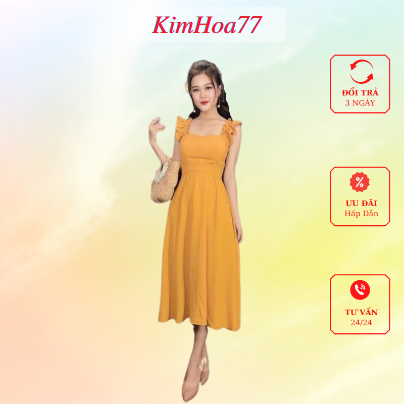 Đầm maxi form dài cánh tiên chất kate lụa màu vàng freesize dưới 55kg