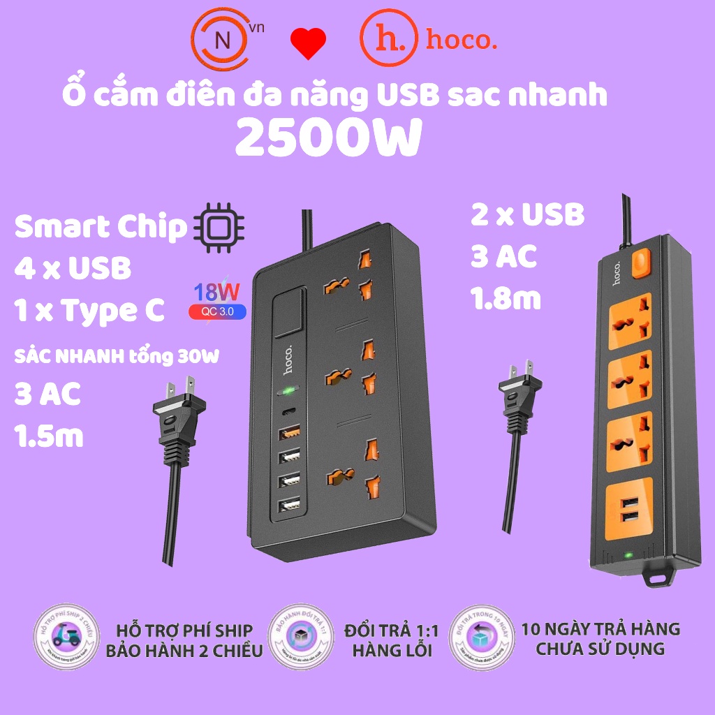 Ổ cắm điện đa năng sạc nhanh PD 18W chịu tải 2500W hoco hỗ trợ cắm chéo có cổng USB QC 3.0 18W Type C dây dài 1.5M Chống Cháy Nổ Chống Giật