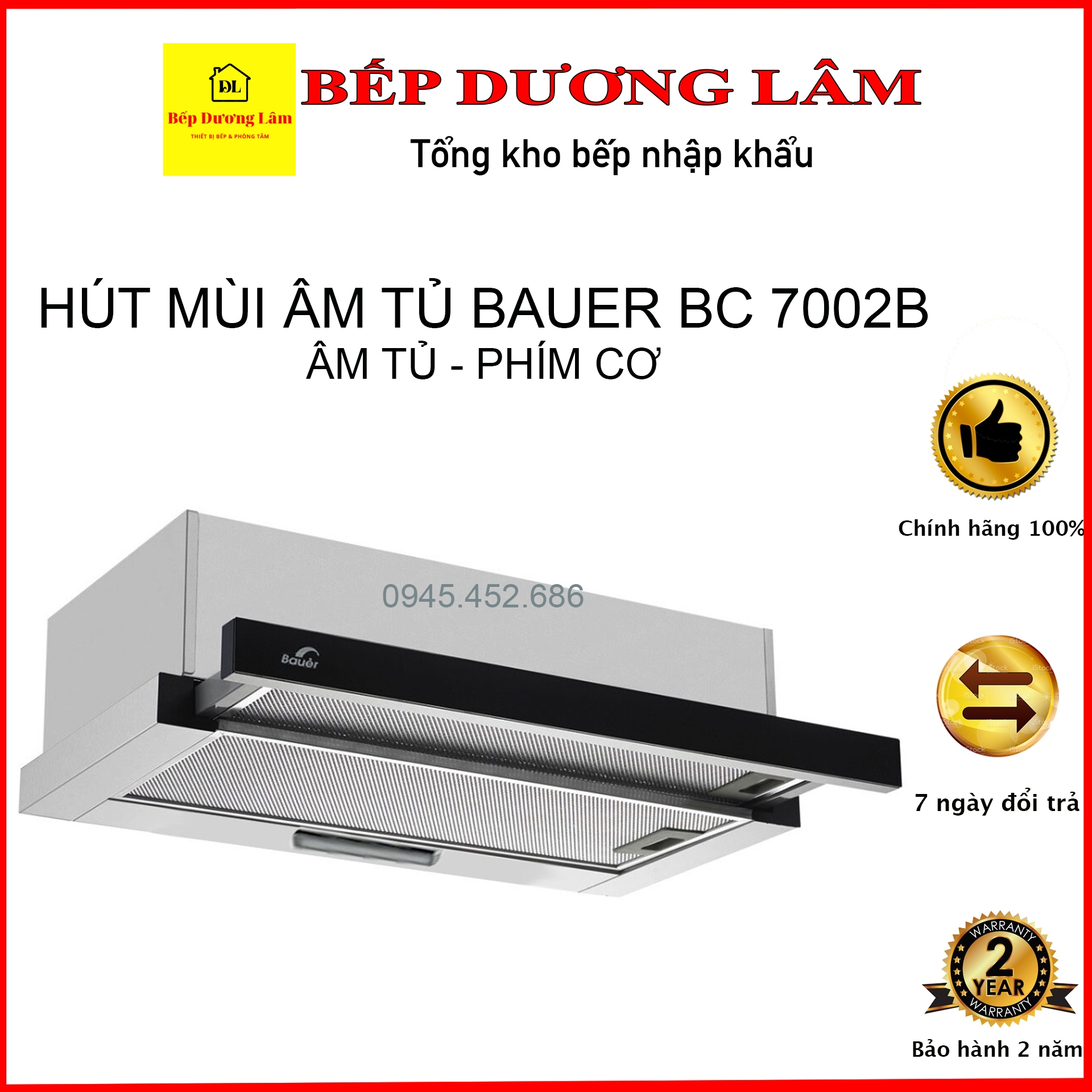 Máy hút mùi BAUER BC 7002B -Máy hút khói âm tủ, Bảo hànhchính hãng Bauer