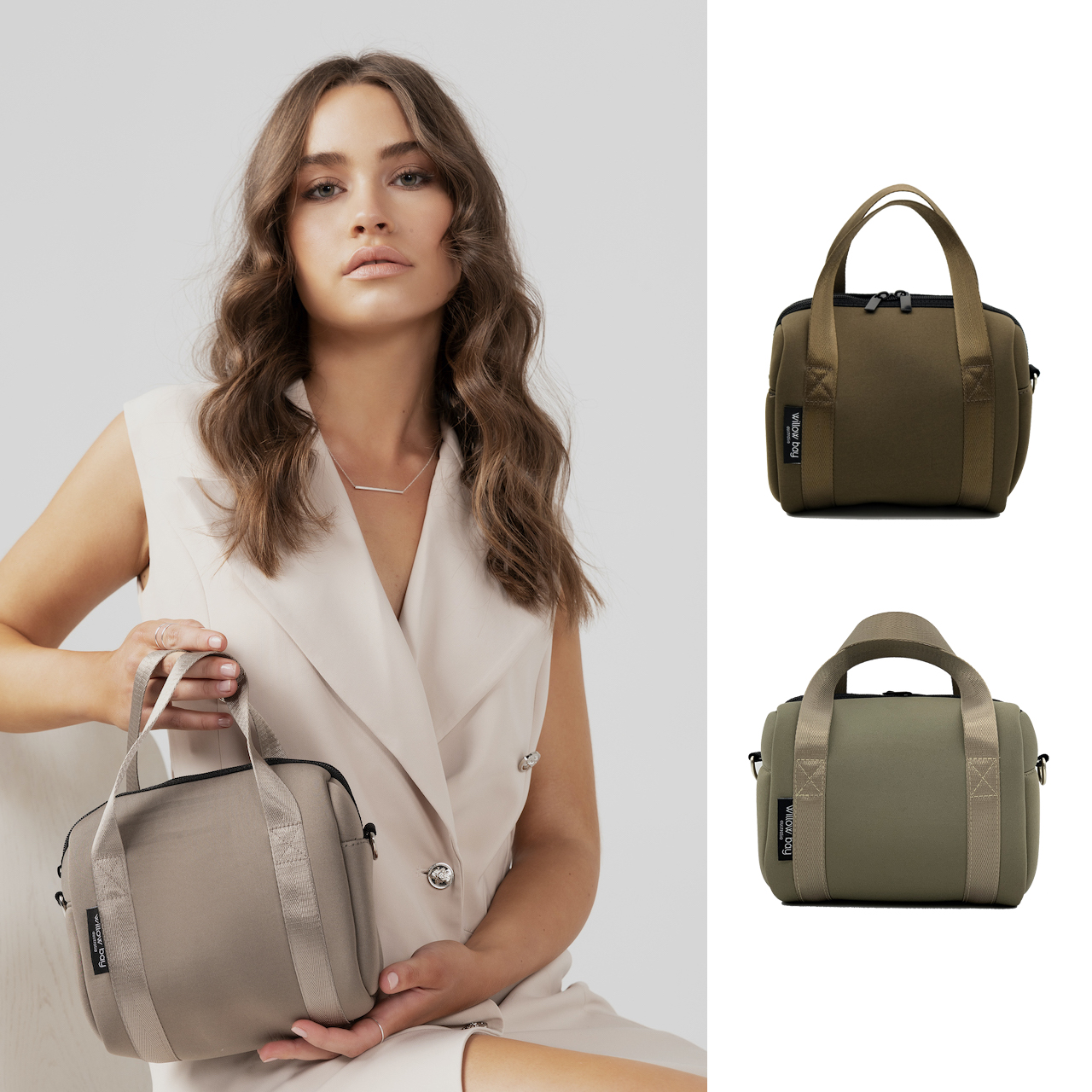 Willow Bay White Neoprene Mini Tote Bag - Boutique Luxury Handbag w/ Segmented Pockets, Removable Base, Double Eyelets, Fully Lined, Machine Washable