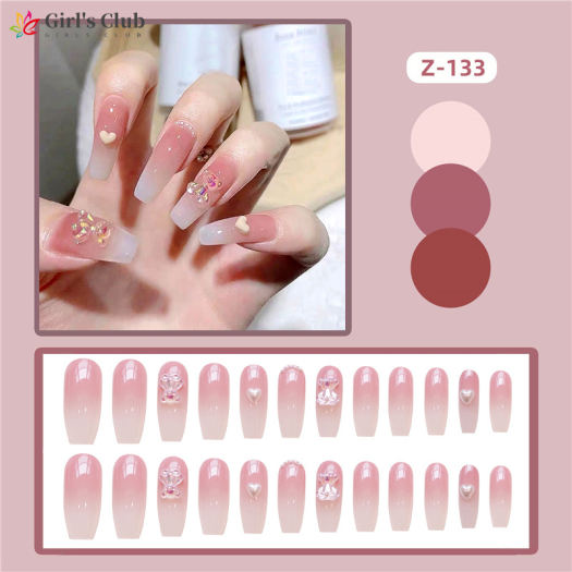 24PCS Pink Long Press on Nails Cute Bear & Pearl Design Fake Nails ...
