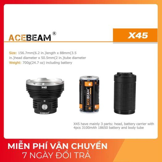 ACEBEAM X45 - Đèn pin chiếu xa bóng Led CREE XHP70.2 P2 độ sáng siêu khủng 18000 lumen tầm chiếu xa 660m sử dụng 4 pin 18650 (Kèm theo đèn)
