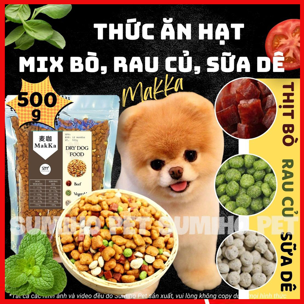 Hạt thức ăn cho chó Makka vị bò nướng (Bò, rau củ, sữa dê, yến mạch (Túi 500gr) phù hợp chó kén ăn