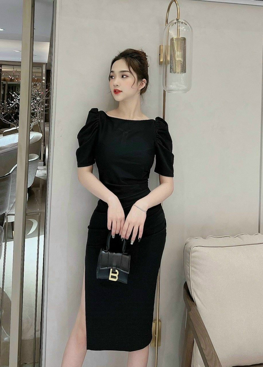 Đầm umi body nữ cổ tròn ôm eo tay búp nhún nhún sẻ tà sexy