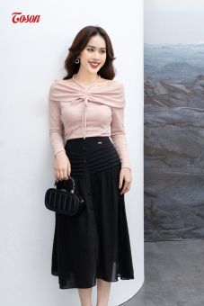 Chân váy voan đen, dáng xòe, xếp ly Toson 33039B62