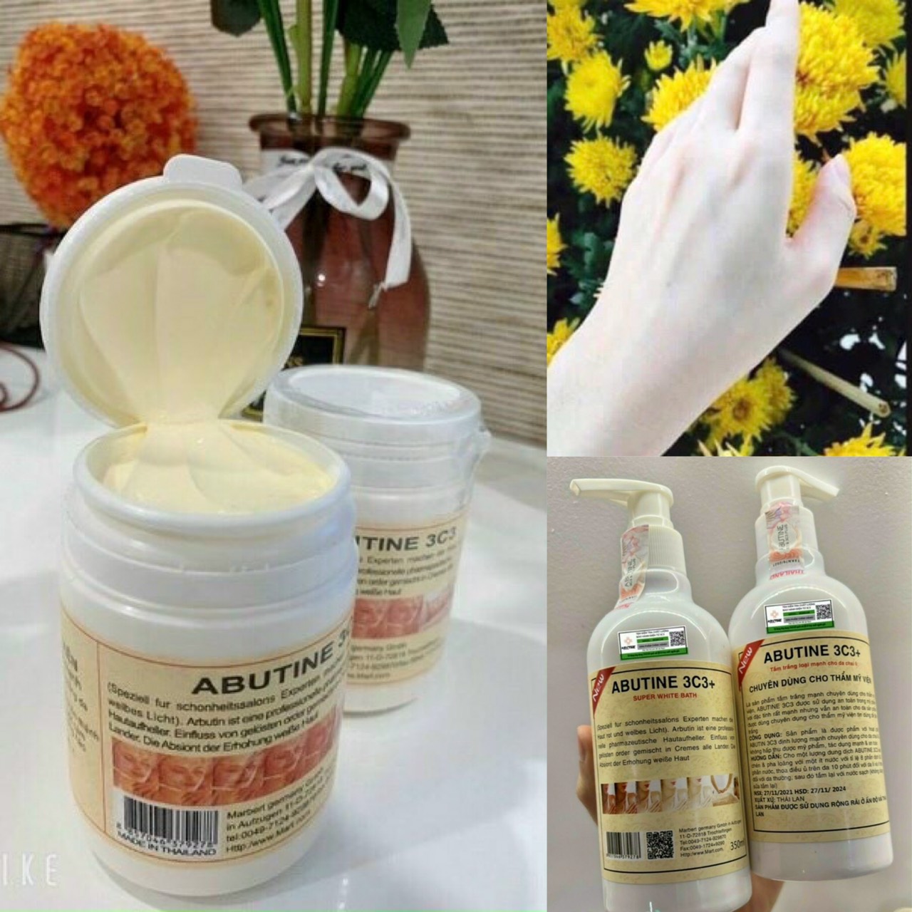 Bộ đôi siêu trắng 1 chai sữa tắm ủ trắng abutine 3c3 siêu trắng 350ml + 1 hộp kem kích trắng da body abutine 3c3 thái lan siêu trắng nhanh an toàn chỉ trong 7 ngày sử dụng 150g 3c