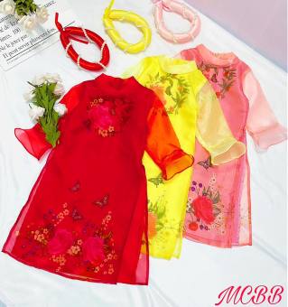 MCBB - 8-24 Kg Tặng Kèm Mấn Áo Dài Cho Bé Gái 100% Vải Lụa Áo Dài Cách Tân Bé Gái Tay Lỡ Thêu Hoa Cỏ Mùa Xuân Bộ Quần Áo Trẻ Em Nữ Áo Dài Bé Gái Áo Dài Lụa Áo Dài Màu Đỏ Áo Dài Màu Vàng Hồng Bộ Quần Áo Bé Gái Từ 1 Đến 16 Tuổi MGBQL0011