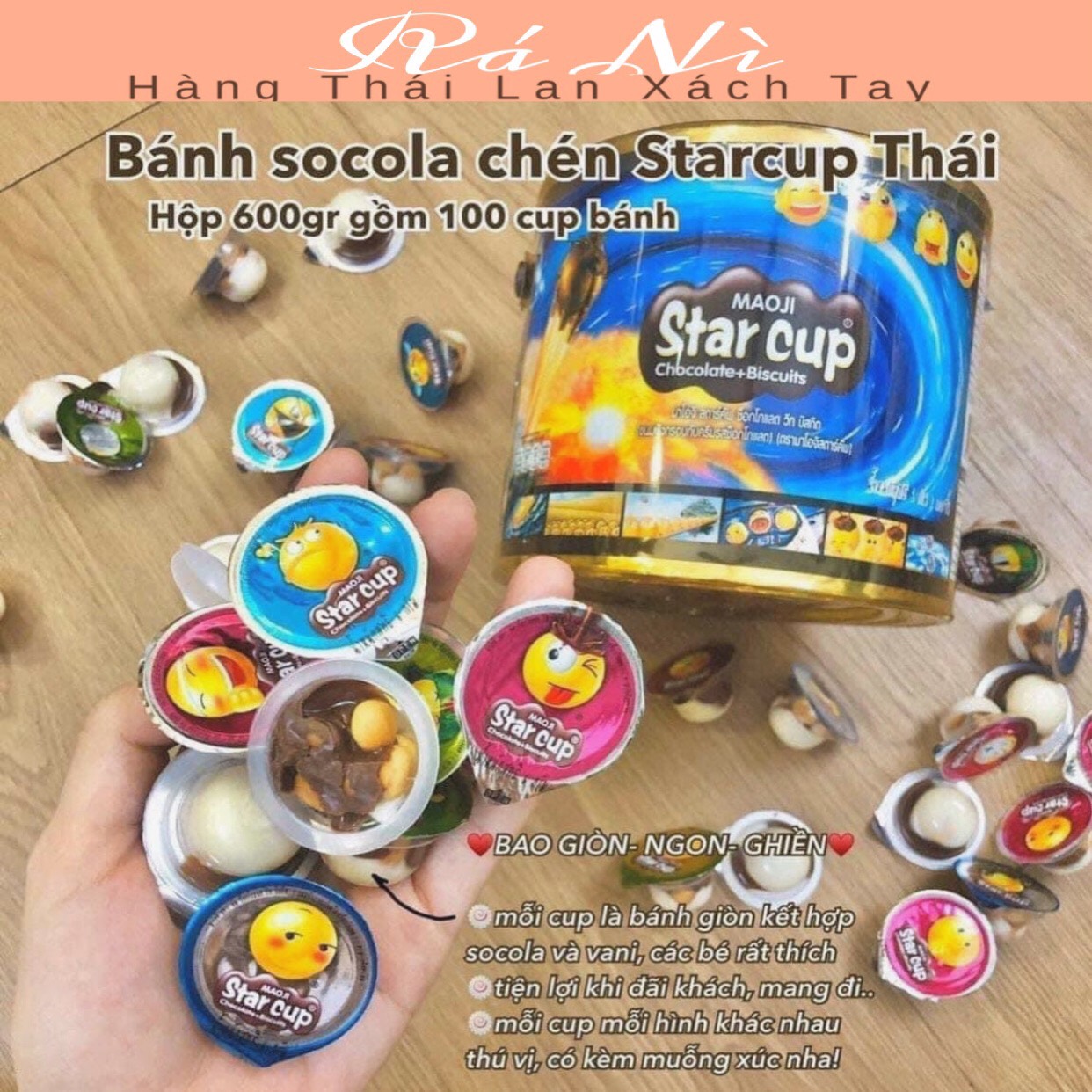 [Sẵn Shop] Bánh Quy Socola Kem Chocolate Sữa Star Cup Maoji Xô Lớn 100 Chén Thái Lan Kèm Muỗng Siêu Ngon Cho Trẻ