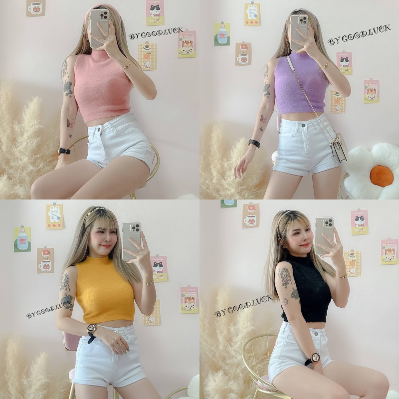 🌈SpinnyHouse🌈 เสื้อกล้ามครอป แขนกุดเสื้อสายฝอ คอเต่าแขนเว้า กล้ามมิ้ง B-016-1-A ราคา 126 บาท*ส่งฟรี