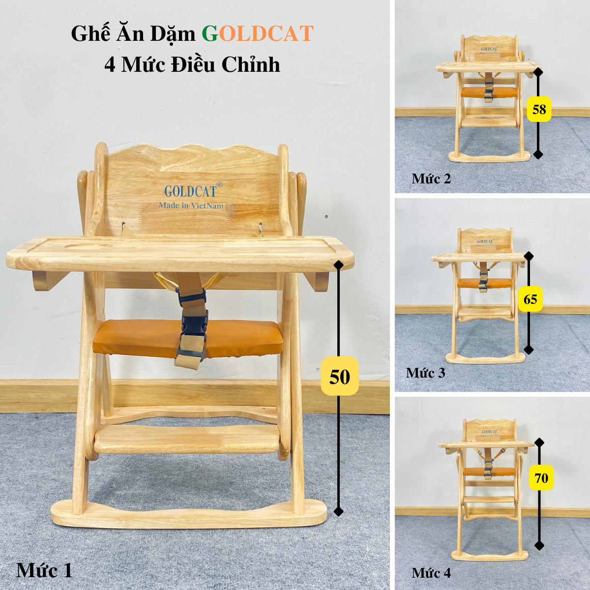 Ghế gỗ ăn dặm cho bé Goldcat -Thiết kế chắc chắn với 4 nấc chiều cao, gỗ tự nhiên an toàn cho bé
