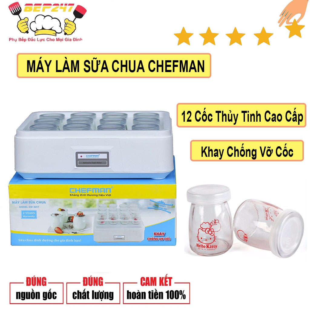 Máy Làm Sữa Chua Chefman CM - 321T, Bảo Hành 24 Tháng, 12 Cốc Thủy Tinh Cao Cấp, Có Khay Chống Vỡ Cốc An Toàn