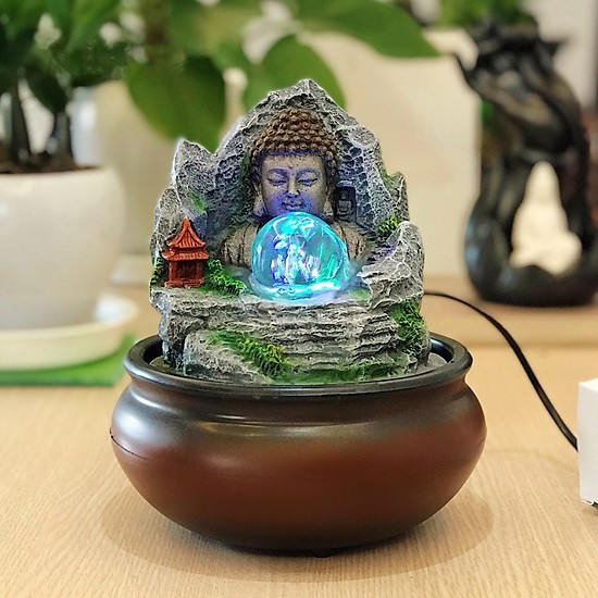 Thác nước phong thủy để bàn đức phật tọa sơn tiểu cảnh - Linh Tâm Mộc Trầm