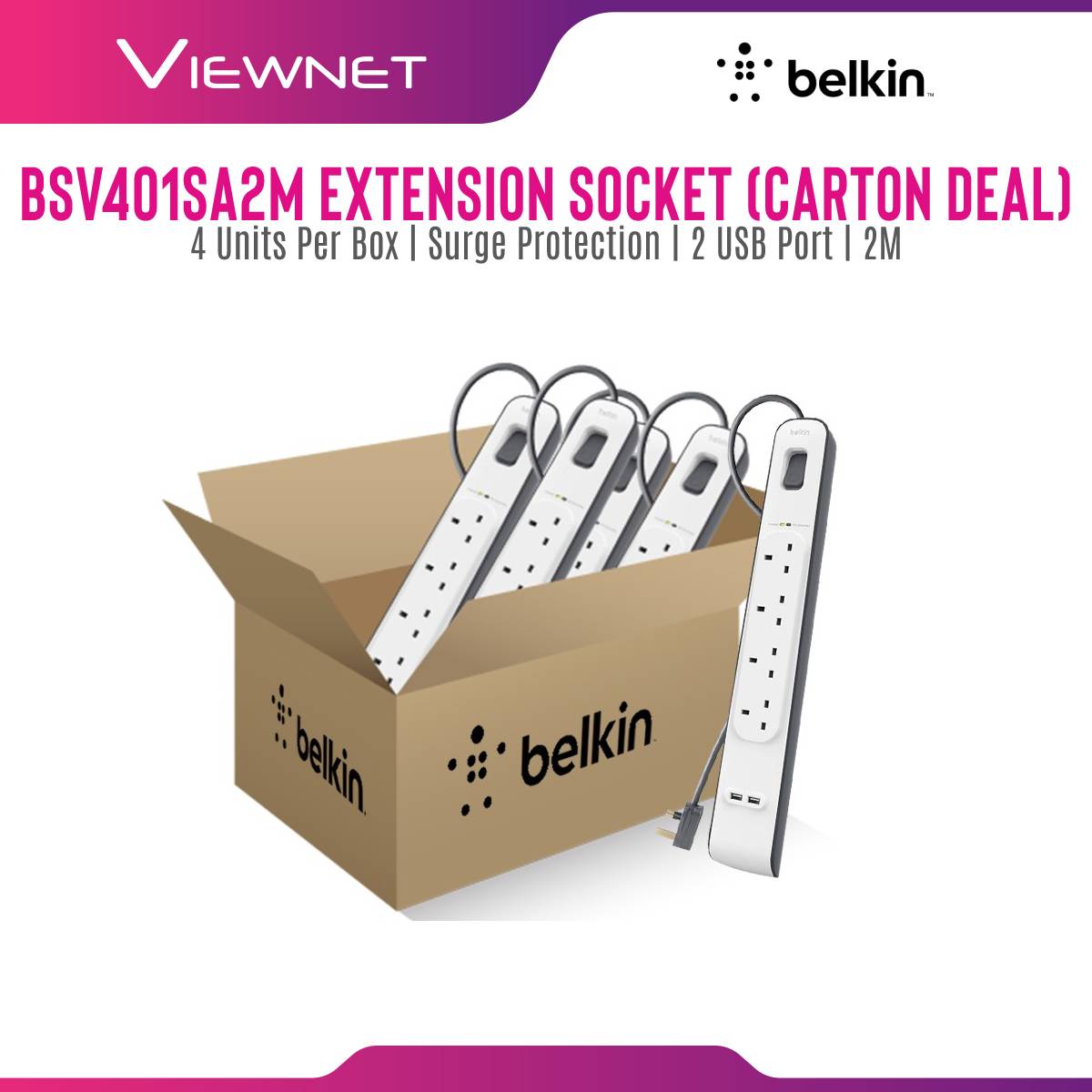 [Carton Deal] Belkin BSV401sa2M 4 Way Surge+2.4A USB Protection - 2 Meter (4 Units Per Box)
