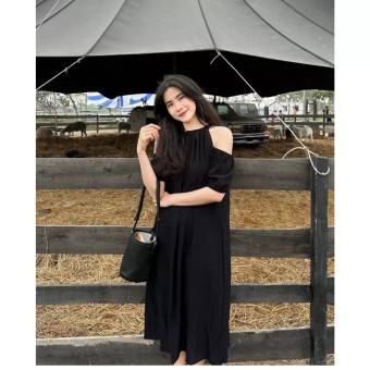 Váy suông đi biển cổ yếm cộc tay khoét vai 2 lớp, đầm maxi đi biển dáng dài mặc thoải mái