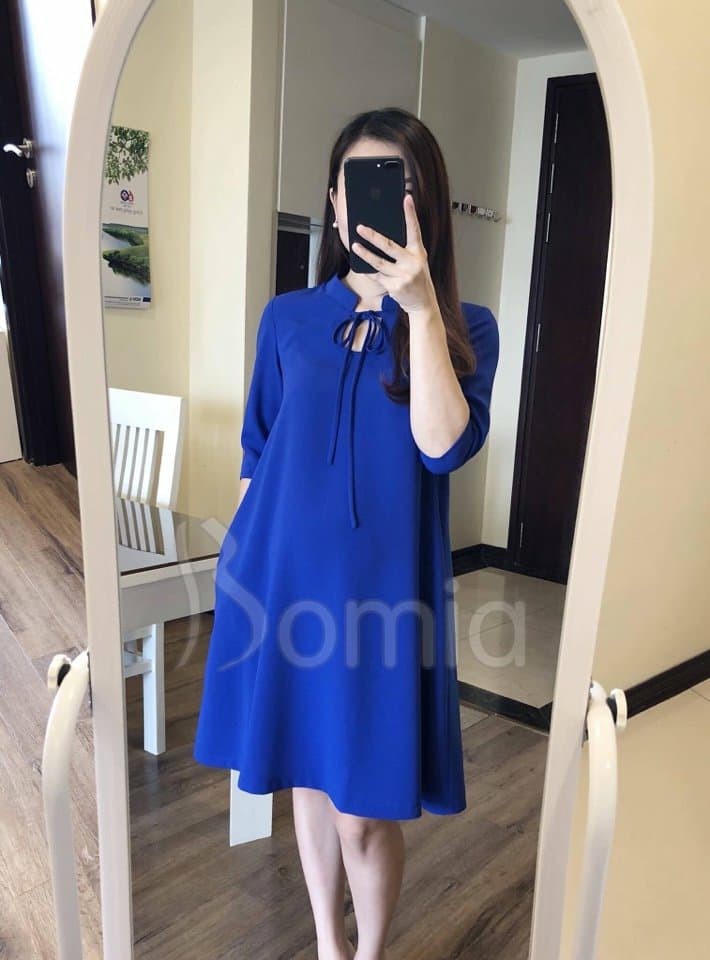 Đầm bầu suông tay lỡ nơ cổ
