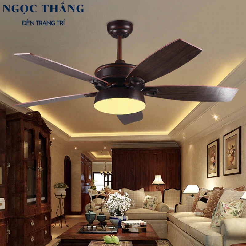 Quạt trần đèn led 5 cánh gỗ phòng khách phòng ngủ cao cấp qt1111 ngọc thắng