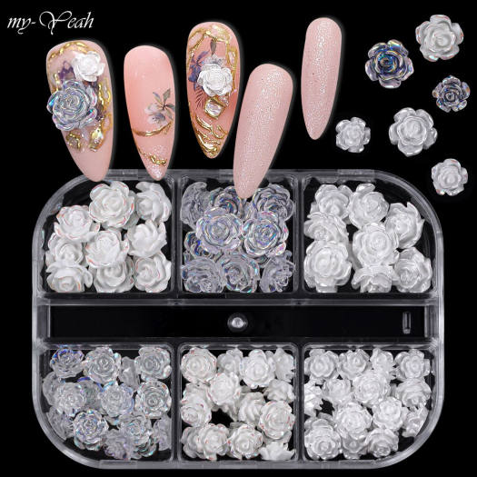 myyeah 90 Pcs/Box 3D Pearl White Camellia Nail Decoration Glitter ...