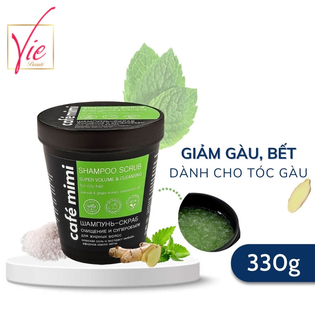Dầu gội tẩy tế bào chết da đầu cafe mimi super volume & cleansing shampoo scrub xanh lá 330g