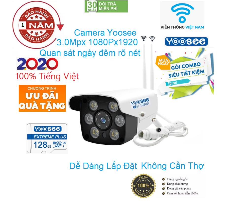 [CÓ MẦU BAN ĐÊM TẶNG THẺ NHỚ 128GB] camera wifi 2.5 ngoài trời - trong nhà camera yoosee 2.5 Mpx full hd 1080p - hỗ trợ 2 đèn hồng ngoại và 4 đèn LED + kèm thẻ nhớ 128GB - CAMERA CỐ ĐỊNH