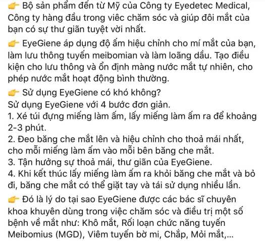 MIẾNG CHƯỜM ẤM MẮT EYEGIENE - Hỗ trợ giảm thâm mắt, che mắt giảm căng thẳng, khô mắt, đau mắt, lẹo, mỏi mắt
