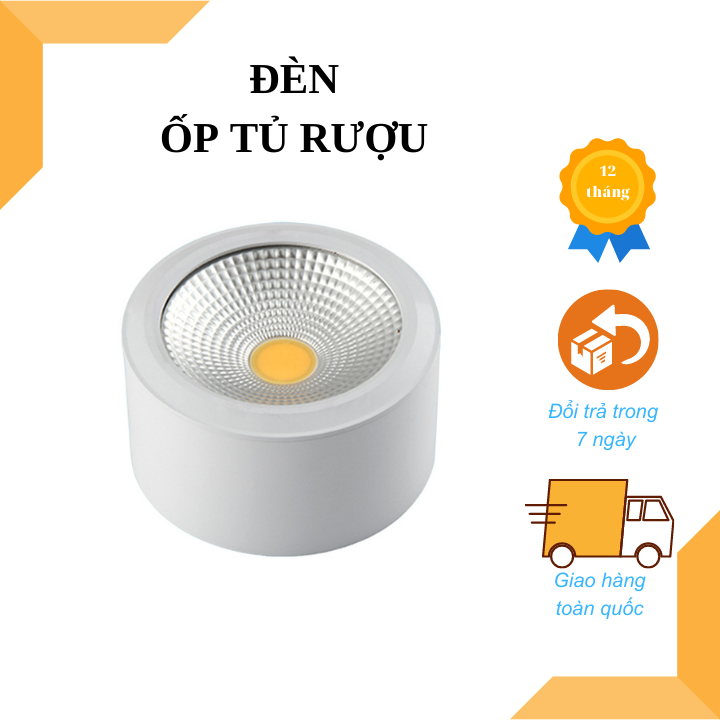 Đèn ống bơ COB 7W vỏ trắng sáng trắng/vàng lắp nổi lên trần, ánh sáng chiếu điểm, bảo hành 24 tháng