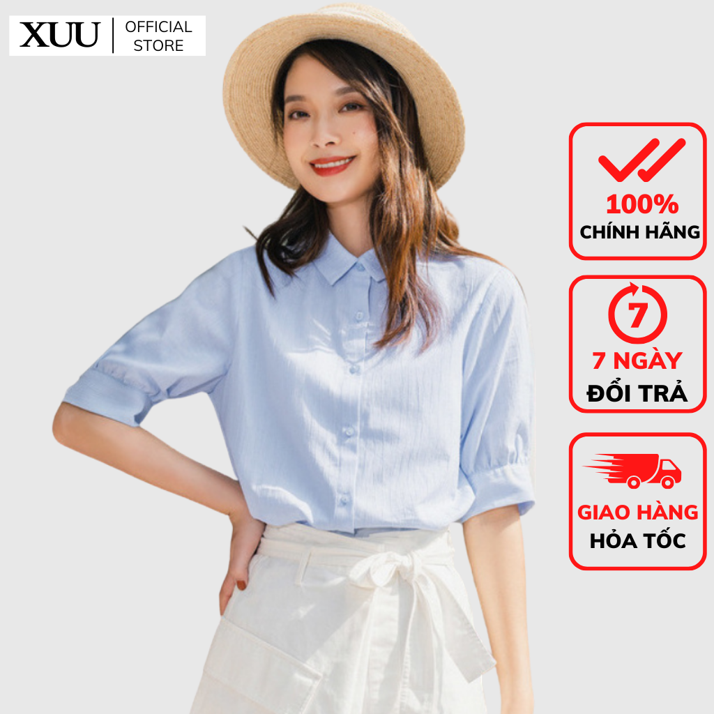 Áo Sơ Mi Nữ tay bồng Xuu Design Freeship Sơ mi kiểu nữ cổ đức [SP33 xanh dương]