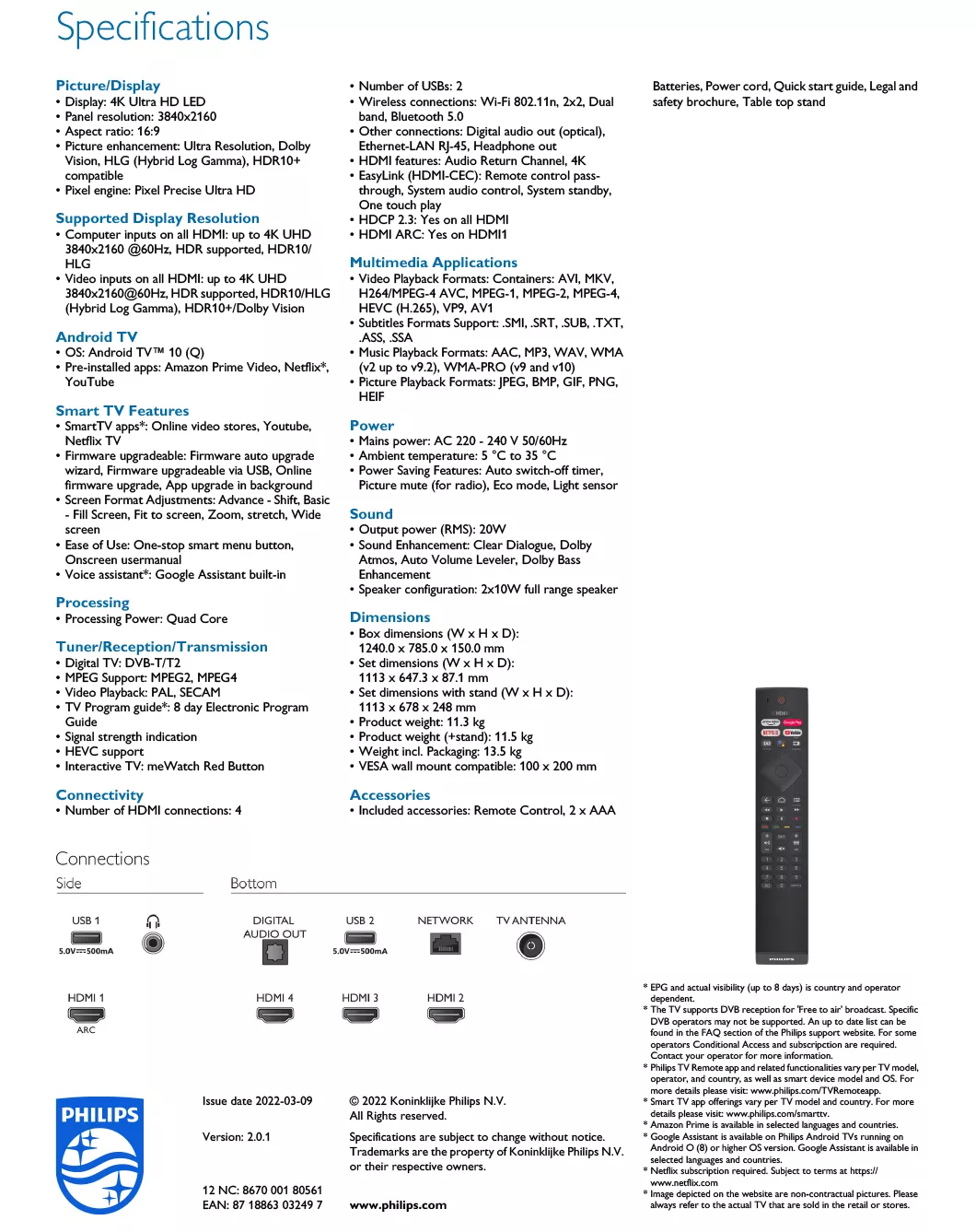 TV Android PHILIPS 4K UHD LED 65" | 65PUT7466/98 | Youtube | Netflix | MeWatch | Assistente Google | Dolby Atmos e Dobly Vision | Installazione a parete GRATUITA (65PUT7466/98)