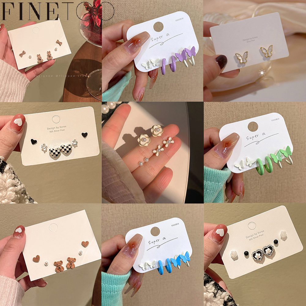  FINE TOO Bộ Bông Tai Nhóm Hoạt Hình Gốm Sứ Hình Gấu Bướm Phiên Bản Hàn Quốc Quà Tặng Trang Sức Nhiều Màu Cho Nữ 
