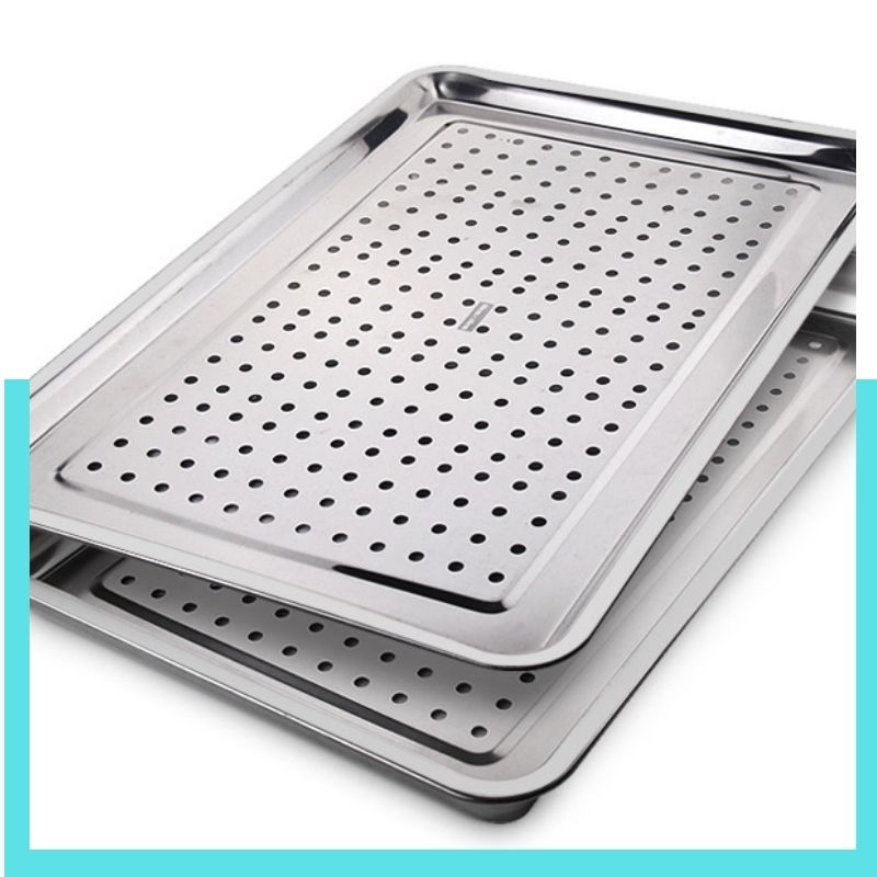 khay inox hấp có lỗ loại lớn hình chữ nhất để đựng thức ăn và hấp cá