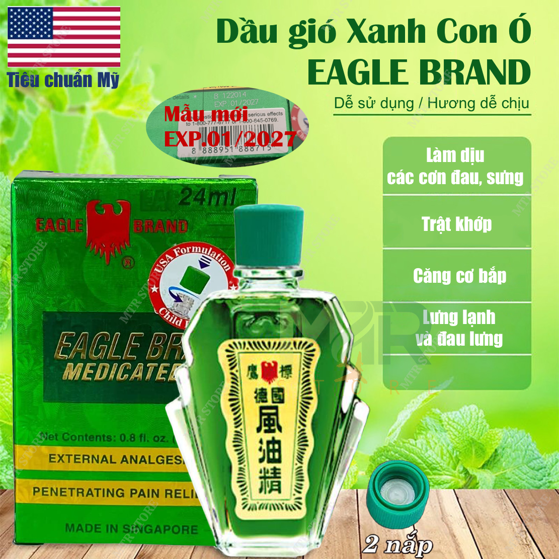 Dầu Gió Xanh Con Ó 2 Nắp Eagle Brand Medicated Oil 24ml Của Singapore - dầu gió, dầu xanh, eagle brand oil - sản xuất theo Tiêu Chuẩn Mỹ