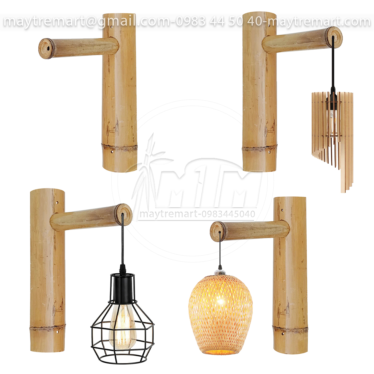 Ốp tre gắn tường thả dây đèn, chụp đèn mây tre, đèn gỗ, đèn sắt.