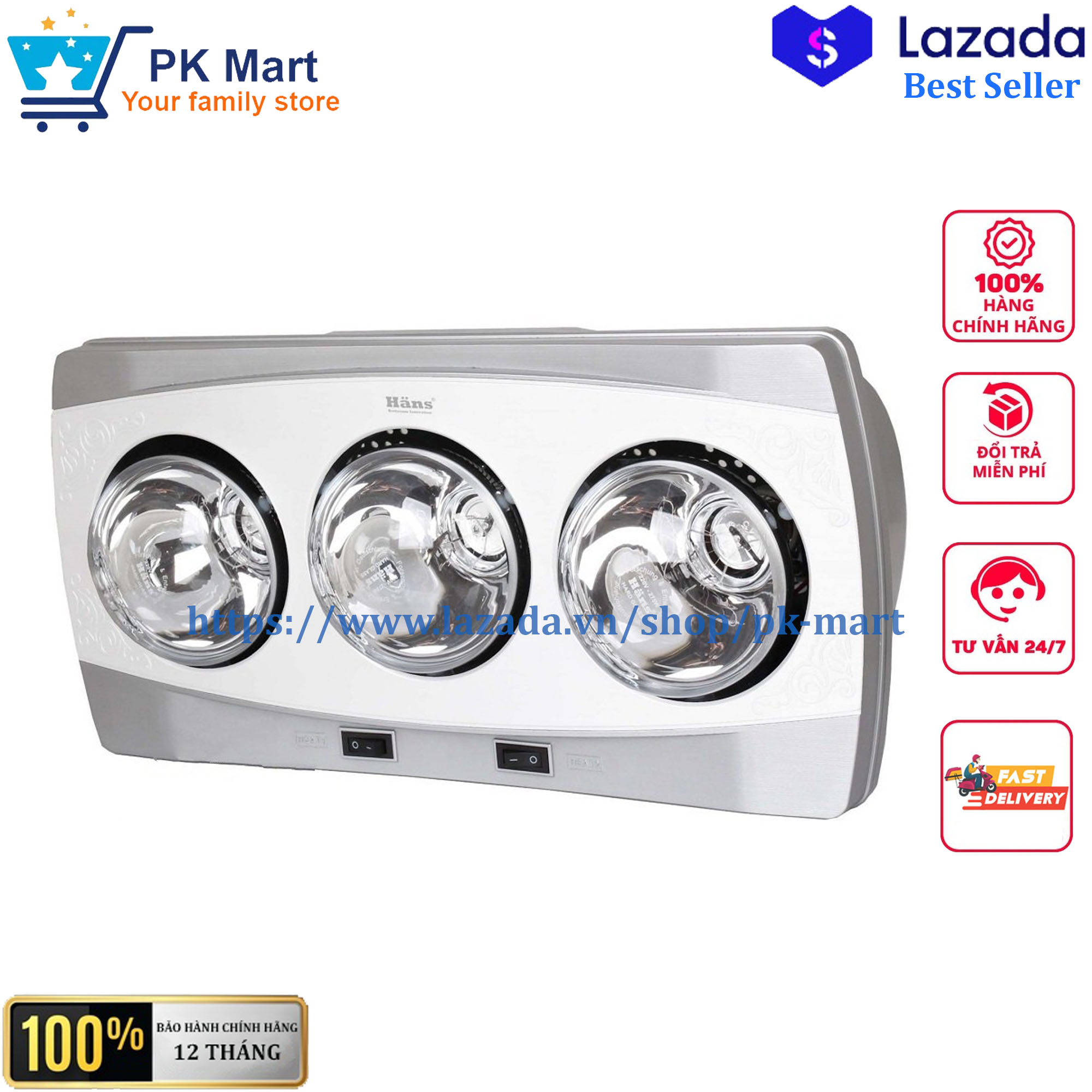 Đèn sưởi nhà tắm cao cấp 3 bóng Hans H3B - Hàng công ty