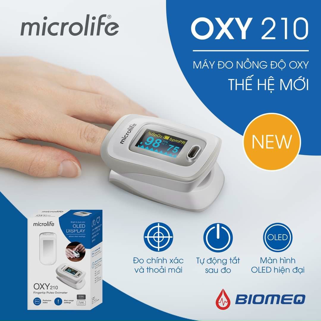 Máy đo nồng độ oxy trong máu spo2 và nhịp tim kèm bao đựng máy, microlife oxy 210 - medical