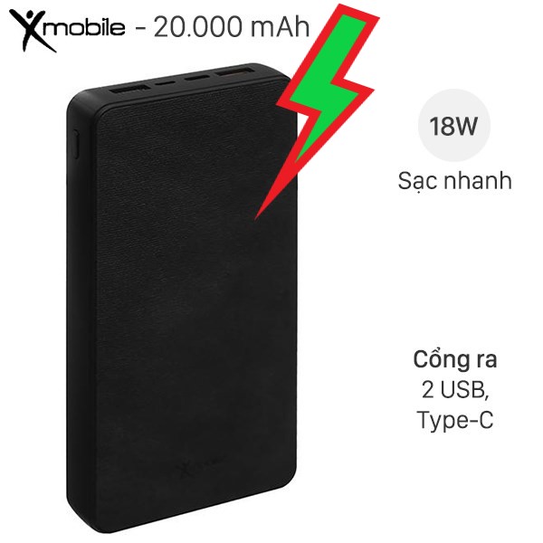 P69D (tặng kèm cáp sạc ) pin sạc dự phòng 20.000mAh QC3.0 Xmobile Đen